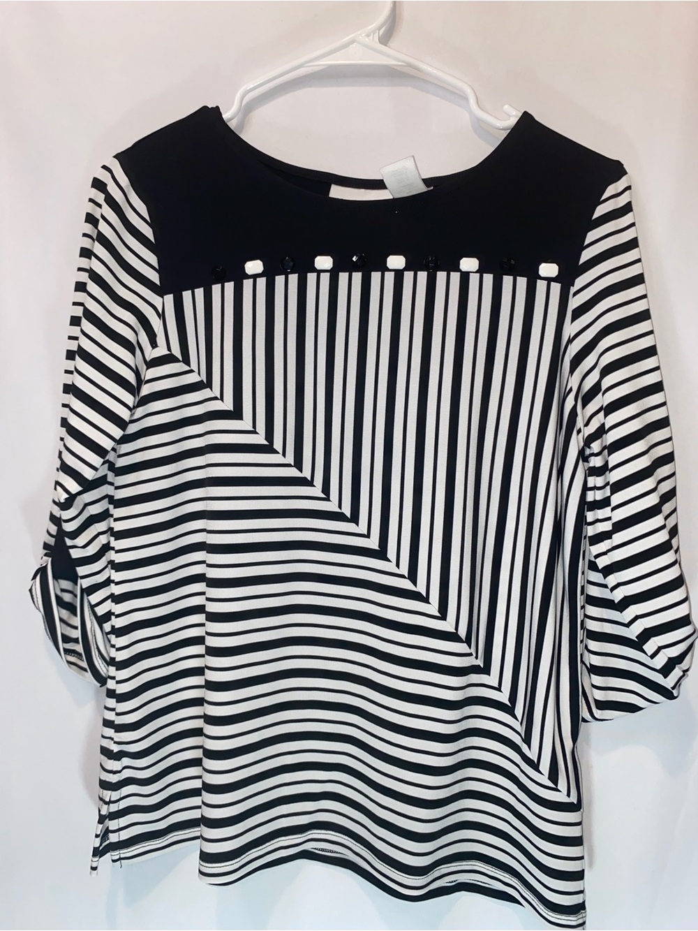 Alfred Dunner Black & White Striped Mixed-Panel Long Sleeve Top